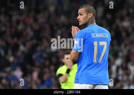 WEMBLEY, ANGLETERRE - JUIN 1 : Gianluca Scamacca, de l'Italie, regarde pendant le match de Finalissima entre l'Italie et l'Argentine au stade Wembley sur 1 juin 2022 à Wembley, en Angleterre. (Photo de Sara Aribó/PxImages) crédit: PX Images/Alamy Live News Banque D'Images