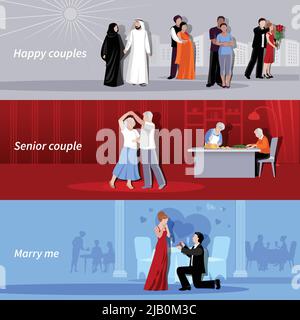 Horizontal heureux couples personnes de différents âges et nationalités intérieur et extérieur plat isolé bannières illustration vectorielle Illustration de Vecteur