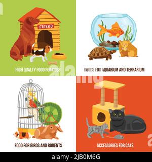 Animaux domestiques 2x2 design concept ensemble de nourriture de haute qualité et accessoires pour chiens chats oiseaux et rongeurs illustration vectorielle Illustration de Vecteur