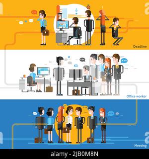 Les employés de bureau cartoonent des bannières horizontales avec des groupes de travailleurs participant à des réunions d'affaires et illustration vectorielle plate de flux de travail d'entreprise Illustration de Vecteur