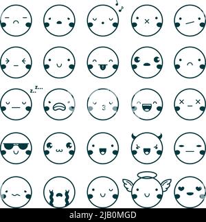 Vingt-cinq émoticônes de type émoticône noires montrant différentes émotions isolées sur fond blanc illustration vectorielle plate Illustration de Vecteur