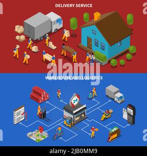 Ensemble de bannières isométriques horizontales pour l'entrepôt et la logistique avec symboles de livraison illustration vectorielle isolée Illustration de Vecteur