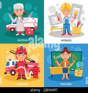 Professions pour enfants 2x2 conception plate concept avec docteur pompier enseignant et ouvrier caricature carré compositions illustration vecteur Illustration de Vecteur