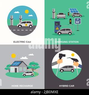 Voitures hybrides électriques stations de charge et points de recharge maison 4 icônes plates composition affiche illustration vectorielle isolée Illustration de Vecteur