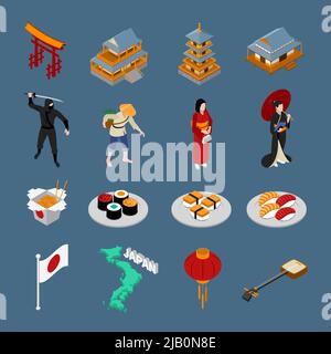 Japon Isométrique ensemble touristique avec l'architecture traditionnelle japonaise caractères carte alimentaire et drapeau sur fond sombre illustration de vecteur isolé Illustration de Vecteur