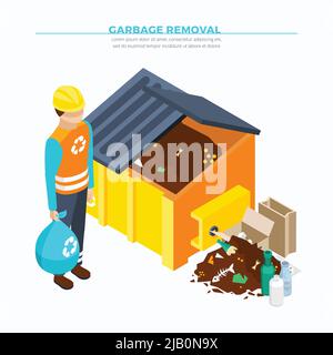 Affiche isométrique pour l'élimination des déchets avec collecteur de conteneur de déchets jaune et tas d'illustrations vectorielles de déchets Illustration de Vecteur