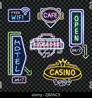 Neon motel Internet café ouvrir des panneaux de signalisation la nuit réaliste collection d'icônes transparent fond isolé illustration vectorielle Illustration de Vecteur