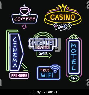 Neon Hotel Internet café cinéma et casino panneaux de signalisation la nuit réaliste collection d'icônes illustration vectorielle isolée Illustration de Vecteur