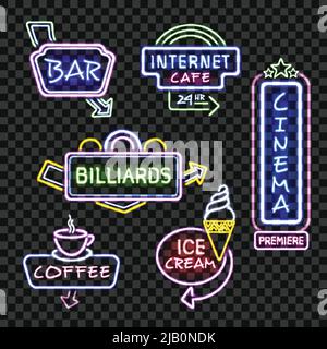 Neon Internet café bar et le cinéma signboards la nuit des icônes réalistes ensemble transparent arrière-plan isolé illustration vectorielle Illustration de Vecteur