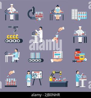 Icônes de production pharmaceutique avec symboles de recherche et de science illustration vectorielle isolée plate Illustration de Vecteur