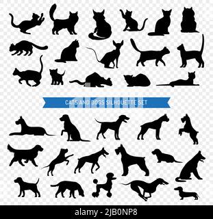 Ensemble de silhouettes noires de différentes races de chiens et de chats sur fond transparent illustration de vecteur isolé Illustration de Vecteur