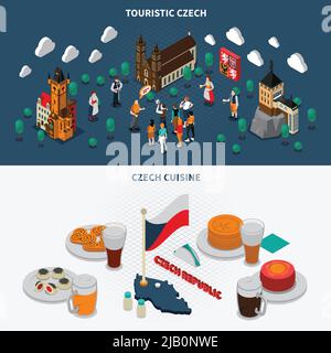 république Tchèque 2 attractions touristiques bannières isométriques avec cathédrale musée du pont charles et illustration vectorielle isolée de la cuisine Illustration de Vecteur