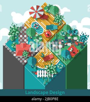 Conception de paysage concept avec vue de dessus extérieur jardins éléments ensemble illustration vectorielle Illustration de Vecteur