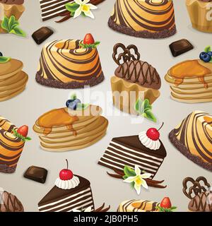 Bonbons décoratifs dessert nourriture modèle sans couture avec muffin au chocolat pudding crêpes illustration vectorielle Illustration de Vecteur