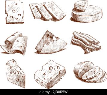 Ensemble de blocs de fromage et les tranches assortiment doodle food icons set vector illustration Illustration de Vecteur