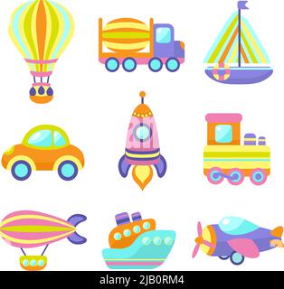 Transport jouet cartoon icons set avec le train voiture avion isolé vector illustration Illustration de Vecteur