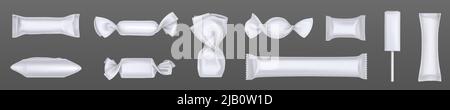 Emballages vierges de bonbons et de chocolats, 3D paquets de plastique blanc. Maquette réaliste de bonbons enveloppants, modèle vide de paquets pour bonbon, en-cas et bonbons durs Illustration de Vecteur