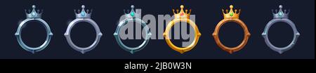 Cadres fantaisie avec couronne pour avatar utilisateur dans l'interface de jeu. Ensemble de dessins animés vectoriels d'éléments graphiques, cadres vides avec tiaras royaux et bordure avec des textures d'or, d'argent, de métal et de bois Illustration de Vecteur