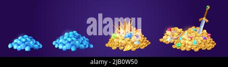 Icônes de trésors avec des tas de pièces d'or, diamants et bijoux. Ensemble de dessins animés vectoriels d'éléments gui de jeu avec argent d'or, couronne, épée, cristaux bleus et pierres précieuses Illustration de Vecteur