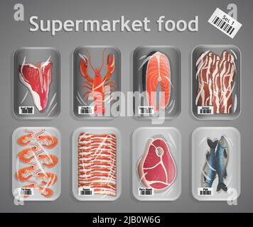 Poisson frais congelé et de la viande dans l'alimentation supermarché pack éléments décoratifs vector illustration Illustration de Vecteur