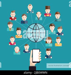 Concept de communication sociale avec les personnes avatars globe et main avec illustration de vecteur de téléphone mobile Illustration de Vecteur