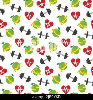 Vie saine remise en forme transparente motif de fond avec coeur barbell apple vector illustration Illustration de Vecteur