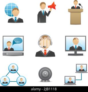 Les gens d'affaires Salles de conférence en ligne et hors ligne et la présentation discours icons set isolated vector illustration Illustration de Vecteur