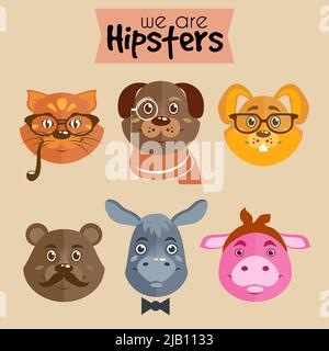 Collection de hipster personnage animaux chat chien lapin cochon d'ours et de l'âne avec accessoires vector illustration isolé Illustration de Vecteur