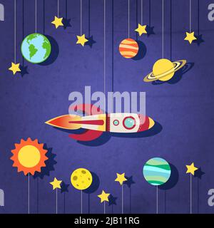 Papier Rocket planètes soleil lune et étoiles dans l'espace fond illustration du vecteur Illustration de Vecteur