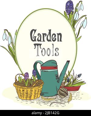 Outils de jardinage à la main avec l'emblème vert arrosoir gaules et plants vector illustration Illustration de Vecteur