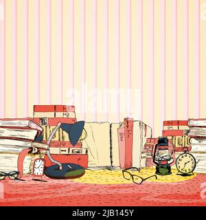 La lecture de livres sans frontière avec verres de lampe et réveil vector illustration Illustration de Vecteur