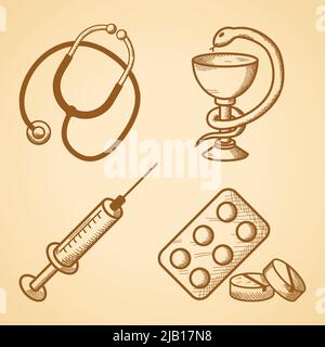 Icons set d'articles médicaux de phonendoscope comprimés et la seringue d'illustration vectorielle isolés Illustration de Vecteur