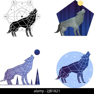 Les icônes et les emblèmes du loup hurlant 2x2 dans différents styles définissent l'illustration vectorielle polygonale isolée Illustration de Vecteur