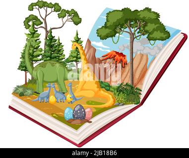 Livre ouvert avec différents dinosaures dans l'illustration de la forêt Illustration de Vecteur