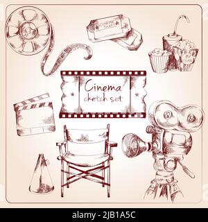 Les médias de divertissement de cinéma esquissés des éléments de billets photo pop-corn vector illustration Illustration de Vecteur