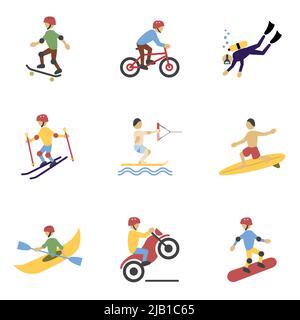 Vacances Voyage sports extrêmes icônes ensemble de surf vélo roulant et moto vecteur plat illustration Illustration de Vecteur