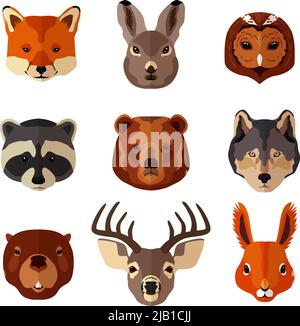 Portrait animal forêt icônes plates ensemble avec hibou de renard lièvre illustration vectorielle isolée Illustration de Vecteur