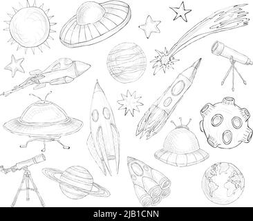 Espace et astronomie éléments décoratifs croquis ensemble d'illustrations vectorielles isolées Illustration de Vecteur