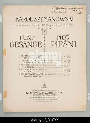 Notes cinq chansons de l'op. 13 Szymanowski, Karol (1882 1937) Banque D'Images