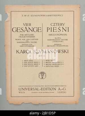 Notes quatre chansons op. 41 avec les mots rabbin Dranath Tagore (jardinier) en traduction de Jarosław Iwaszkiewicz Szymanowski, Karol (1882 1937) Banque D'Images