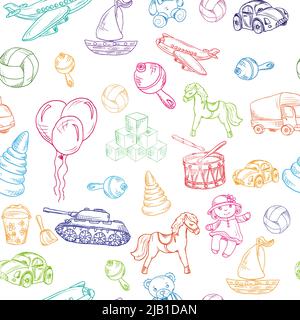 Vintage enfants jouets croquis coloré sans couture motif avec yacht teddy ours rétro camion illustration vectorielle Illustration de Vecteur