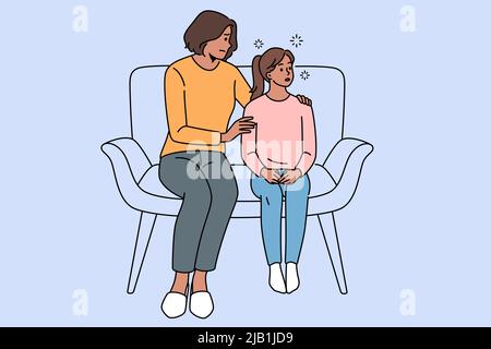 Une jeune maman aimante parle avec une fille adolescente stressée qui souffre d'intimidation à l'école. Aide à la mère confort soutien petite adolescente fille enfant. Concept de maternité. Illustration vectorielle. Illustration de Vecteur