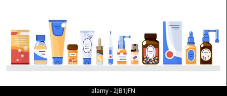 Différents produits de médecine dans le magasin de pharmacie sur les étagères.vecteur plat Illustration de Vecteur