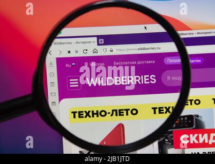 Kumamoto, JAPON - juillet 7 2021 : logo de Wildberries, le plus grand détaillant russe de commerce électronique basé à Moscou, Russie, sur son site web avec loupe Banque D'Images