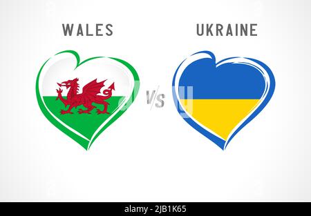 Pays de Galles contre Ukraine, emblème du drapeau. Football de l'équipe nationale sur fond blanc. Drapeau national gallois et ukrainien au coeur, illustration vectorielle Illustration de Vecteur