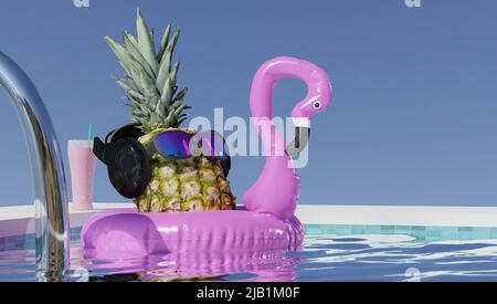 Vacances d'été et piscine détente style de vie concept, ananas avec lunettes de soleil au bord de la piscine à la plage Vacations. Loisirs tropicaux Banque D'Images