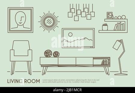 Décoration intérieure de salon avec ensemble de meubles de contour illustration vectorielle Illustration de Vecteur