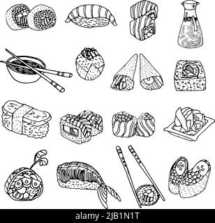 Menu de cuisine de fruits de mer asiatique plats de poissons et coquillages éléments symboles icônes graphiques ensemble abstrait isolé illustration vectorielle Illustration de Vecteur