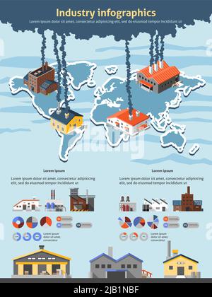 Bâtiments industriels usines ensemble d'infographies de l'industrie avec graphiques et illustration vectorielle de la carte du monde Illustration de Vecteur