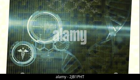 Image de la lecture de l'oscilloscope et de la rotation des brins d'adn avec traitement des données Banque D'Images